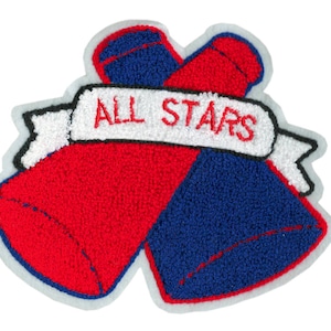 May include: A red and blue felt patch with two crossed cheerleading megaphones and a white banner that reads "ALL STARS".