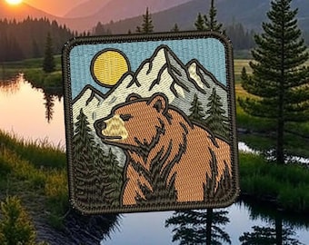 Lindo parche de montaña, gran naturaleza, oso, camping, regalo para gorra de camionero o camisa, regalo para él, regalo para ella, 7.5 cm / 3 pulgadas, planchable o con velcro.