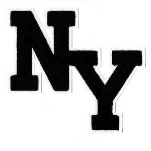 May include: Black felt applique letters spelling out "NY" in a classic varsity style.