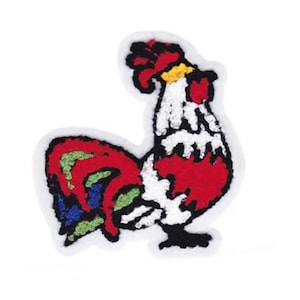 May include: A red, white, and blue embroidered rooster patch. The rooster is facing right and has a yellow beak and comb.