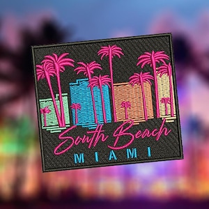 Toppa vintage anni '80 in stile Florida Miami South Beach con scritta "Surfing Surfer Shirt" per berretto, cappello, 7,5 cm / 3 pollici, da stirare o agganciare sul retro.