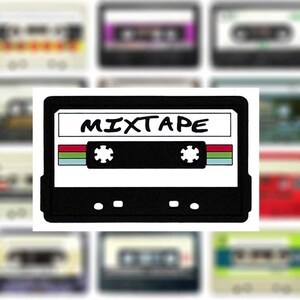 May include: A black and white illustration of a cassette tape with the word "MIXTAPE" written on it.