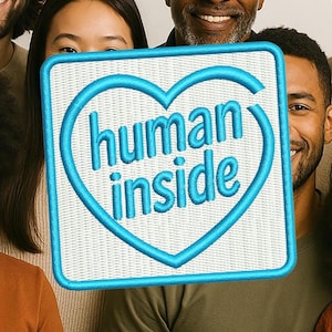 Funny Parody Human Power Heart AI Tech Robot Morale Patch for Trucker Hat or Shirt 7cm / 2.8 inch Iron On or Hook Back