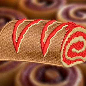 May include: Embroidered patch depicting a cinnamon roll with red icing and a spiral pattern. The patch features a brown base with red and white details, suitable for sewing onto garments or accessories.