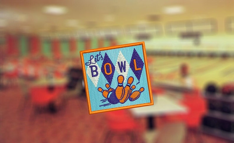 May include: A blue and orange embroidered patch with the text "Let's Bowl" and a graphic of bowling pins and a bowling ball.