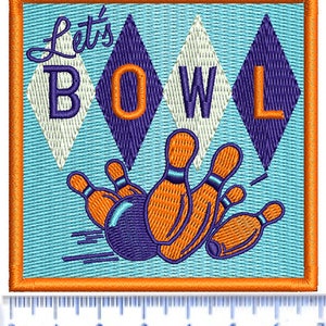 May include: A blue and white embroidered patch with the text "Let's Bowl" and a graphic of bowling pins and a bowling ball.
