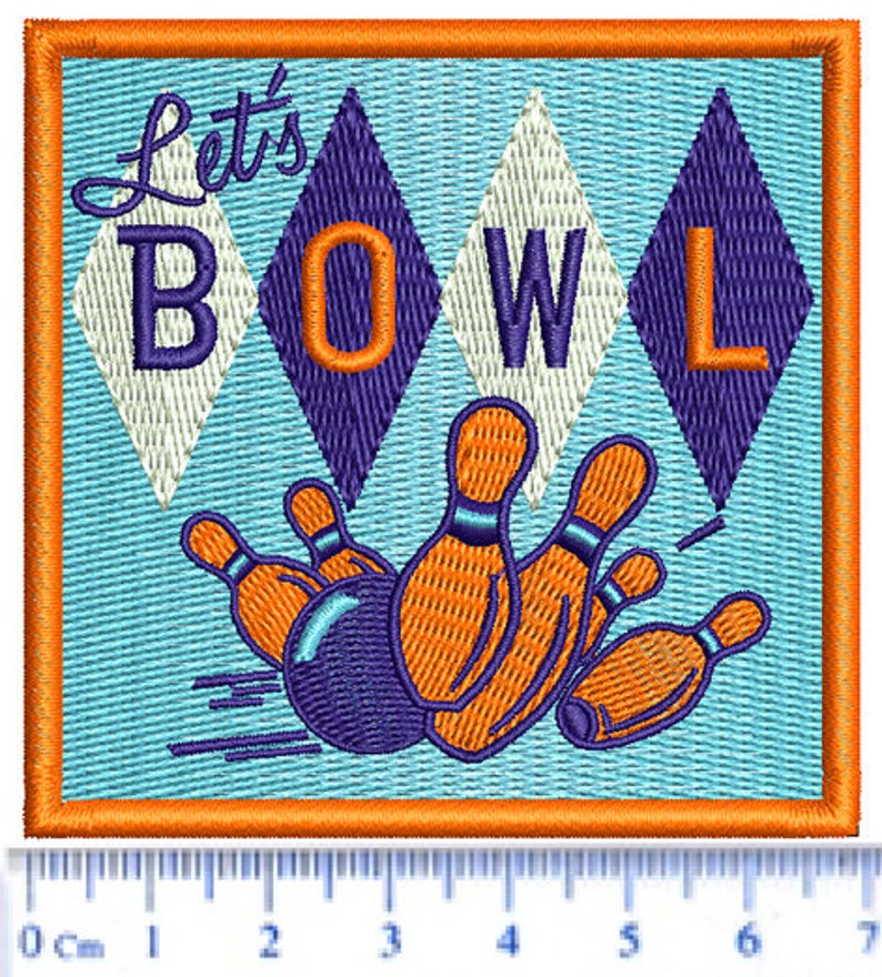 May include: A blue and white embroidered patch with the text "Let's Bowl" and a graphic of bowling pins and a bowling ball.
