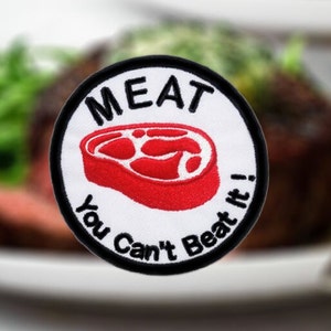 Funny Meat Steak Beef Morale Food Shirt Patch for Cap Hat 7.5cm Applique 3 inches Iron On or Hook Back