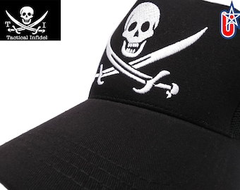 Tactical Infidel American Jolly Roger Pirate Black Trucker Hat Cap Curved Bill by lidstars headwear