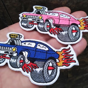 Style vintage des années 70, gros moteur, voiture, cadeau, écusson personnalisé pour hot rod, 11 cm / 4,3 pouces, fer à repasser ou crochet à l'arrière