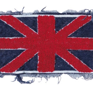 May include: A red, white, and blue Union Jack flag patch with frayed edges. The patch is made of denim and has a distressed look.