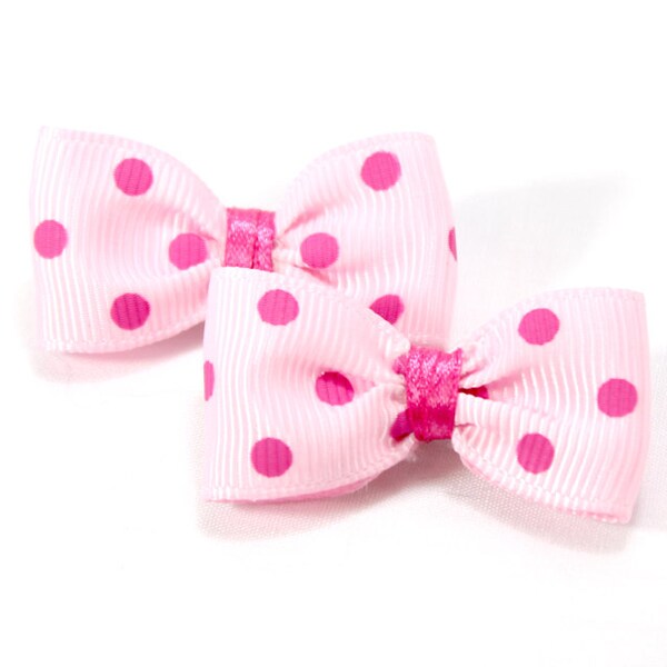 Light Pink Dog Hair Bows with Hot Pink Dots. (2) Polka Dot Dog Bows with Elastics. Hot Pink Puppy Hair Accessories. Pink Bows for Dogs