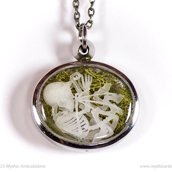 Imp Skeleton Pendant with Moss Taxidermy Necklace