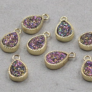8mm Rainbow Quartz Druzy Bezel Charms -- With Electroplated Gold Setting Edge Druzzy Drusy Geode Dainty Pendant Supplies YHA-234-3