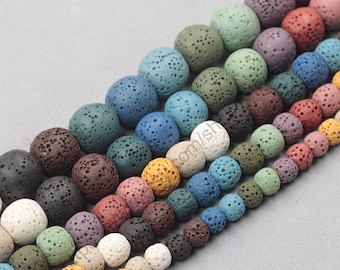 Hilo de cuentas de lava teñidas, 15,5" redondas, colores surtidos, roca volcánica, 6-14 mm