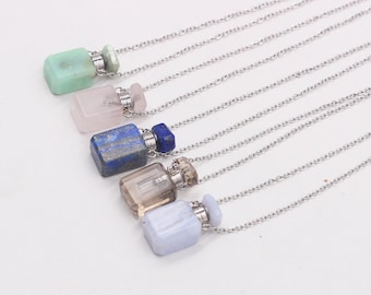 Kleine Edelstein Parfüm Flasche Halsketten, Flasche für ätherisches Öl Silber überzogene Halskette, Chakra Heilung Kristall natürlich KG060