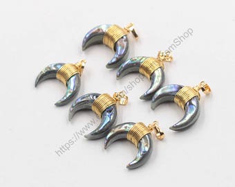 Abalone Shell Double Horn Pendants -- Crescent Moon Pendant With Electroplated Gold Edge Double Horn Charms Wholesale YHA-079