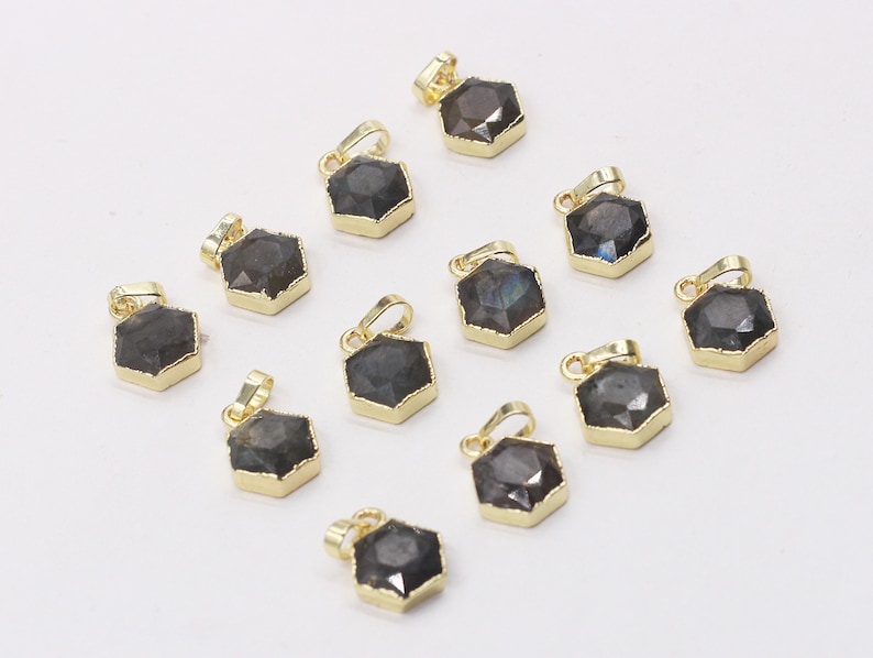 With Electroplated Gold Edge Gemstone Charms Wholesale Supplies KG0053-4 10mm Faceted Labradorite Pendants