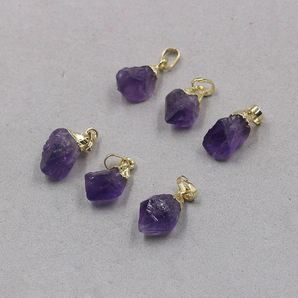 15mm Raw Amethyst Pendants -- With Gold Plated Natural Stone Charms Gemstone Wholesale Supplies KG078