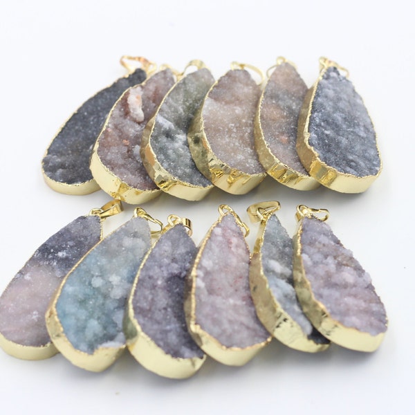 Druzy Pendants -- Drusy Geode Pendant With Electroplated Gold Edge Handmade Charms Wholesale Supplies DJ