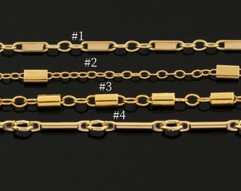 May include: Close-up of four gold-colored chain styles against a black background. The chains are labeled #1 through #4. Each chain has a different design, including oval links, rectangular bars, and small circular links. The chains are likely for jewelry making.