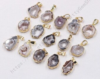 SALE 18mm Small Geode Slice Pendants -- With Electroplated Gold Edge Druzy Druzzy Drusy Charms Supplies Handmade KG030