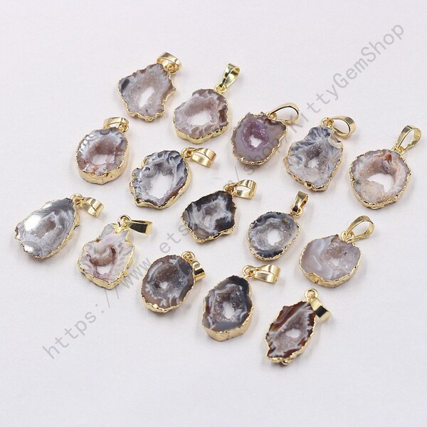 SALE 18mm Small Geode Slice Pendants -- With Electroplated Gold Edge Druzy Druzzy Drusy Charms Supplies Handmade KG030