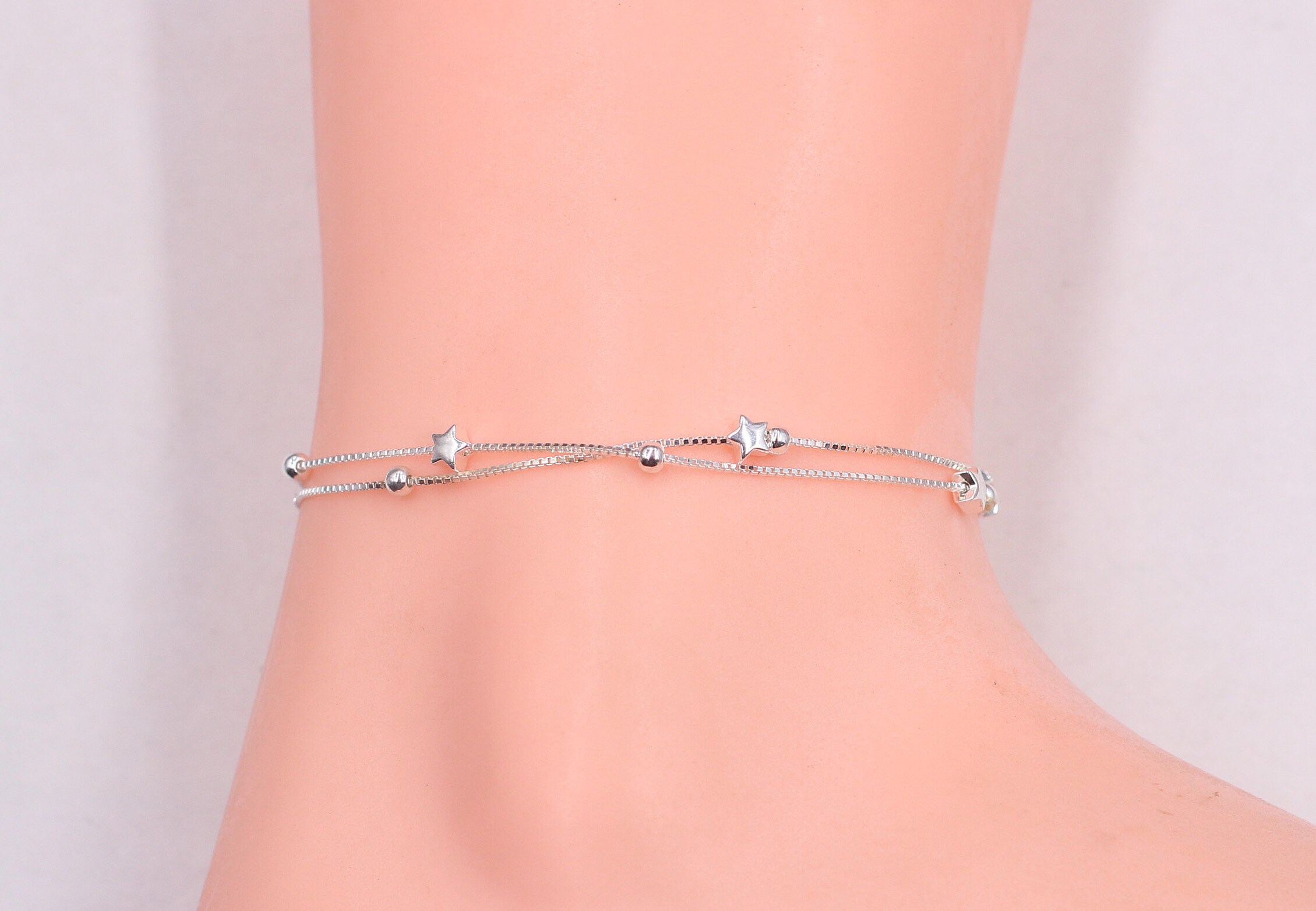 Stars and Beads Sterling Silver Anklets 925 Silver Charms Etsy