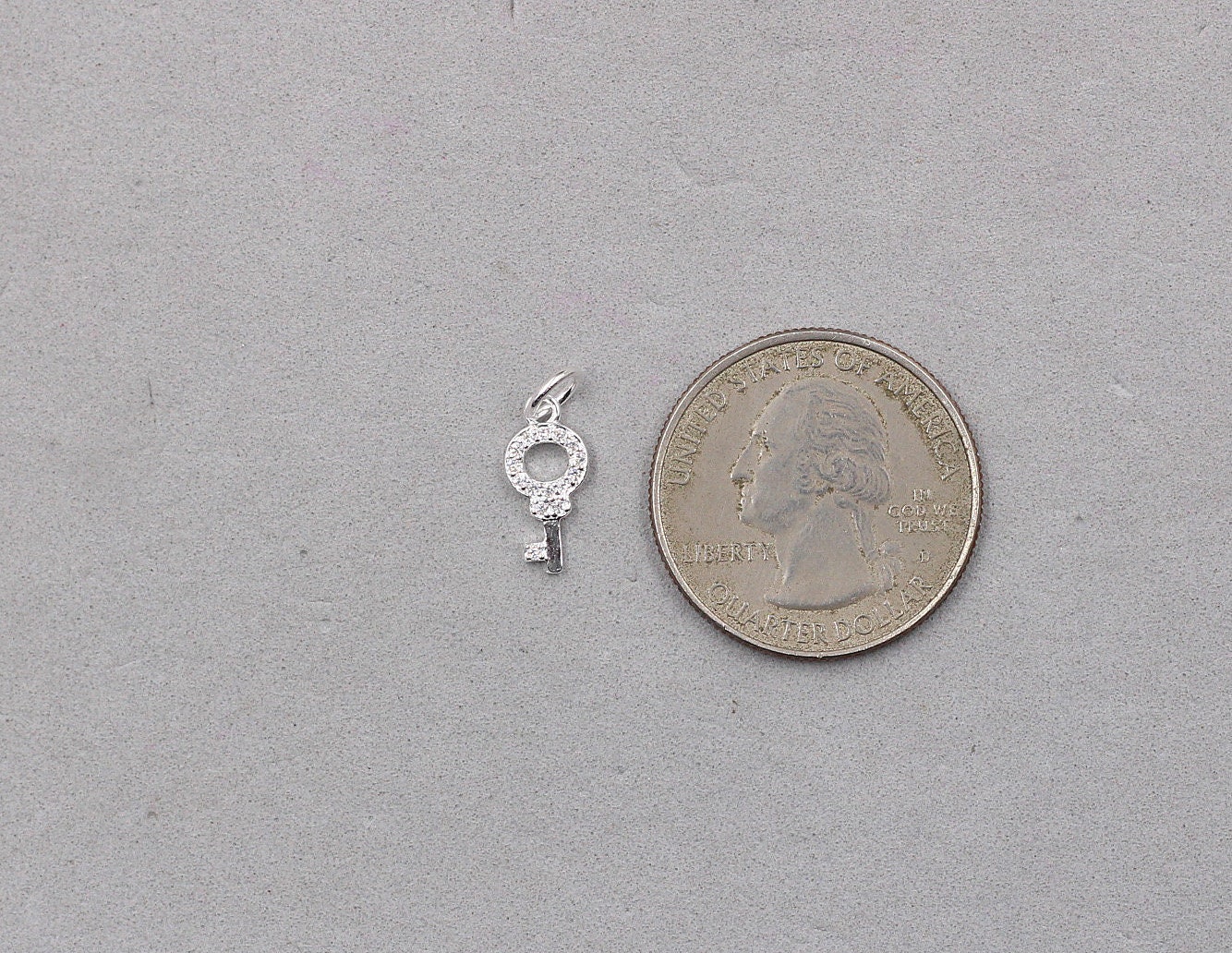 1pcs, 13mm Sterling Silver Key White Zircons Charm -- 925