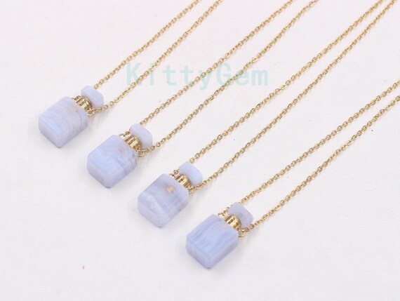 Blue Lace Agate Perfume Bottle Necklaces, Essential Oil Bottle 