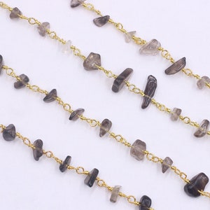 Smoky Quartz Chip Rosary Chains With Gold Plated -- Gemstone Beaded Chain Wholesale Beads Handmade Craft Supply CQA-035-60