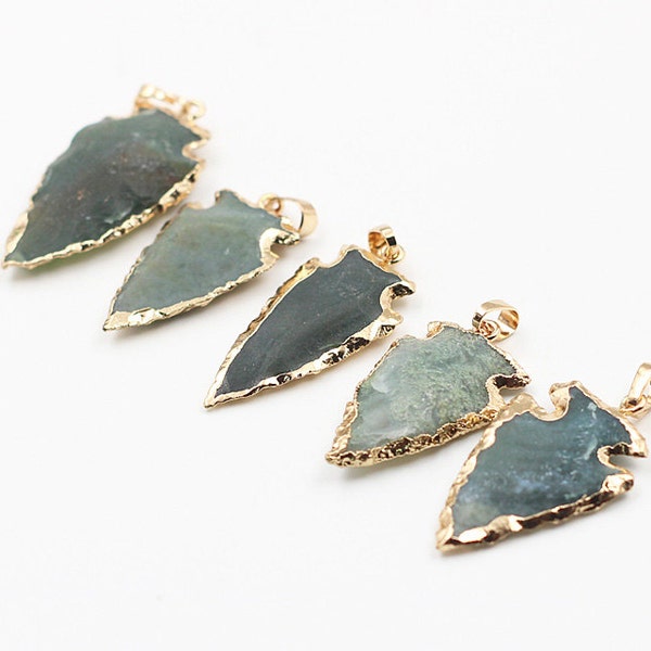 Carved Arrow Moss Agate Pendants -- Arrowhead With Electroplated Gold Edge Charms Wholesale Supplies YHA-147