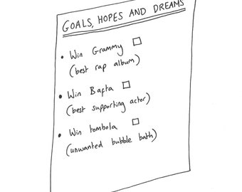May include: A handwritten list titled "GOALS, HOPES AND DREAMS" with three bullet points. Each bullet point includes a goal, a checkbox, and a description in parentheses. The goals are "Win Grammy (best rap album)", "Win Bafta (best supporting actor)", and "Win tombola (unwanted bubble bath)".