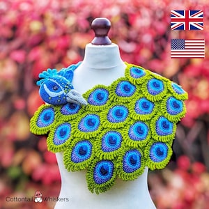 Crochet Peacock Shawl, PDF PATTERN ONLY, Feather Wrap Scarf, Amigurumi Bird Cowl