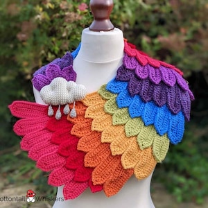 Schattig gehaakt regenboogsjaalpatroon, Rainy Days Cloud Wrap, pdf digitale download, verenvleugelsjaal, heldere kleurrijke cowl-zelfstudie