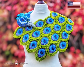 Crochet Peacock Shawl, PDF PATTERN ONLY, Feather Wrap Scarf, Amigurumi Bird Cowl