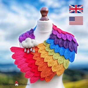 Crochet Rainbow Wrap, Rainy Days Shawl, PDF PATTERN ONLY, Feather Scarf, Amigurumi Cloud Cowl