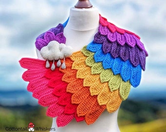 Crochet Rainbow Wrap, Rainy Days Shawl, PDF PATTERN ONLY, Feather Scarf, Amigurumi Cloud Cowl