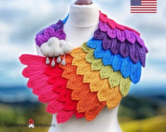 Crochet Rainbow Wrap, Rainy Days Shawl, PDF PATTERN ONLY, Feather Scarf, Amigurumi Cloud Cowl