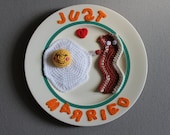 Handcrafted Crochet Bacon Eggs Breakfast, Quirky Wedding Gift Collectors Plate, JUST MARRIED