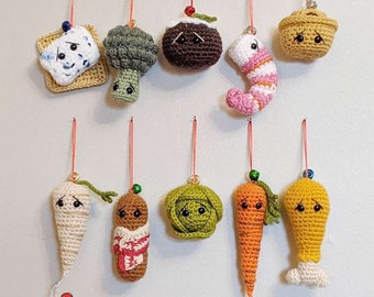 Crochet Christmas Feast Baubles Bundle, Amigurumi Carrot, PDF PATTERN, Brussel Sprout, Mince Pie, Food Tree Decoration