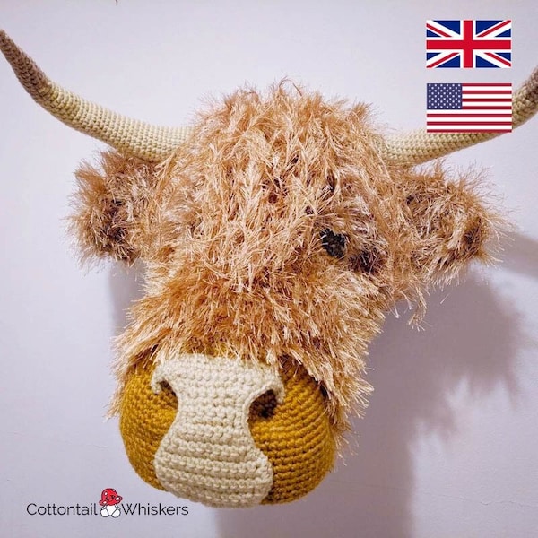 Crochet Highland Cow Trophy Head, PDF PATTERN ONLY, Amigirumi Tutorial, Faux Taxidermy Wall Decor