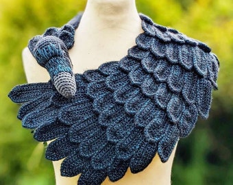 Beautiful Raven Shawl Crochet Pattern, Downloadable PDF File, Bird Feather Wing Scarf, Amigurumi Crow Cowl Wrap