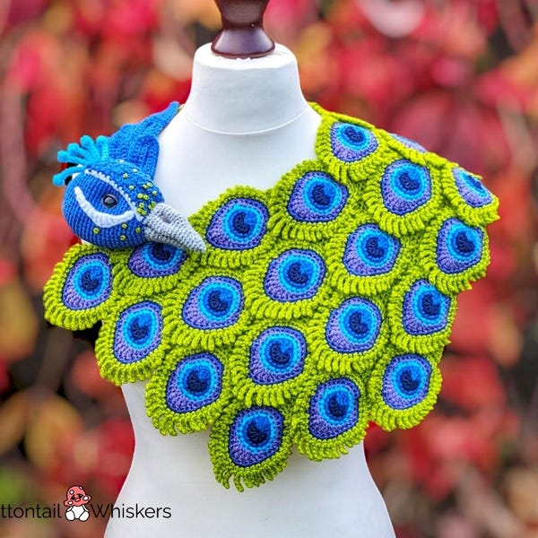 Patrón de chal de pavo real a crochet, capucha con alas de plumas, descarga digital en PDF, bufanda de pájaro, poncho amigurumi