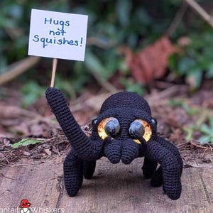 Puede incluir: Una araña de crochet negra sosteniendo un cartel que dice "Hugs not Squishes!"