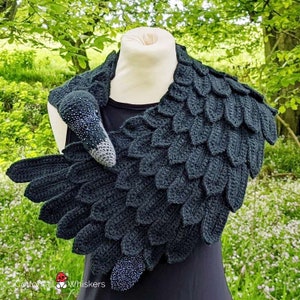 Crochet Raven Shawl Wrap, PDF PATTERN ONLY, Crow Feather Scarf, Amigurumi Bird Cowl image 6