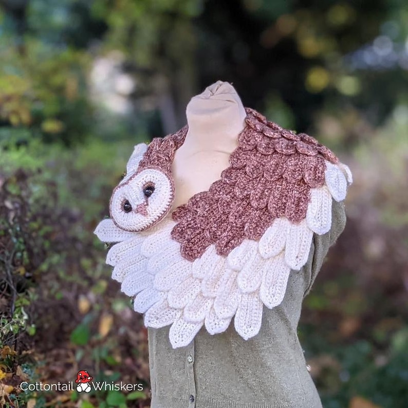 Crochet Barn Owl Wrap, PDF PATTERN ONLY, Feather Scarf, Amigurumi Bird Cowl image 4