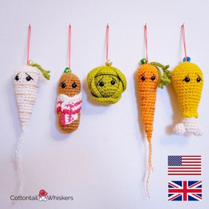 Crochet Christmas Tree Baubles, Amigurumi Carrot, PDF PATTERN, Brussel Sprout, Pigs in Blankets, Tree Decoration image 1