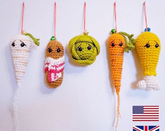 Crochet Christmas Tree Baubles, Amigurumi Carrot, PDF PATTERN, Brussel Sprout, Pigs in Blankets, Tree Decoration