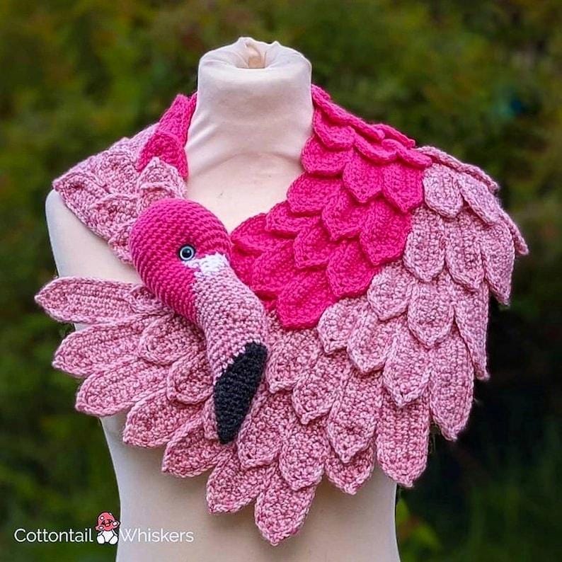 Cute Flamingo Shawl Crochet Pattern, Downloadable PDF File, Pink Feather Wing Scarf, Exotic Bird Cowl Wrap
